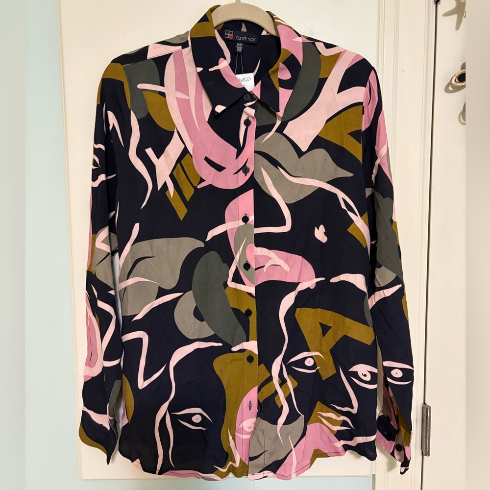 Carré Noir Black Button-Up Shirt with Pink & Olive Abstract Print